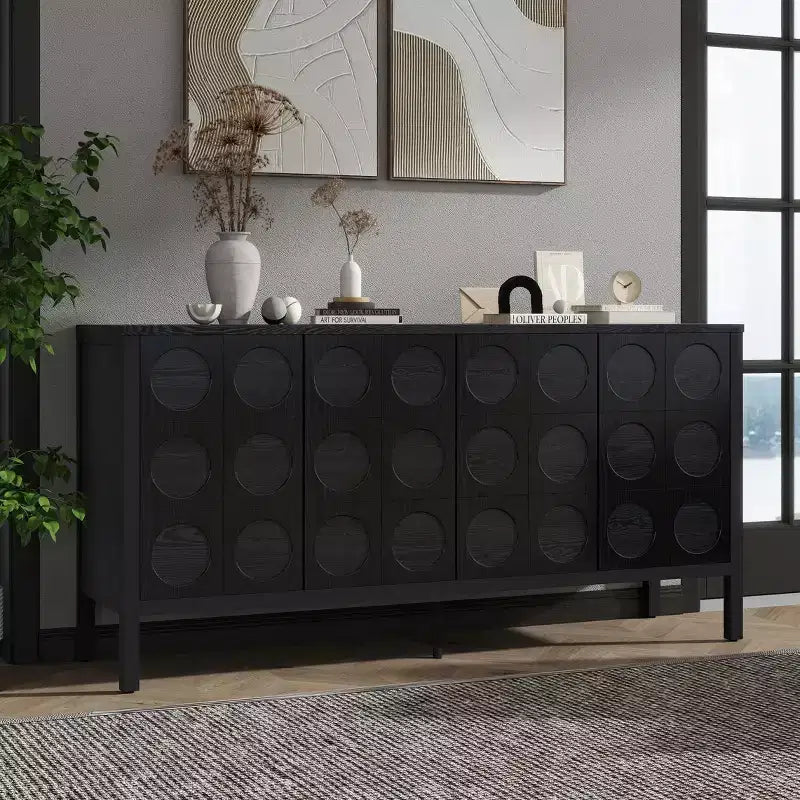 Aparador con Almacenamiento, Mueble de Barra de Café de Madera, Armario de Almacenamiento Consola con 4 Puertas de Diseño Circular Geométrico, Aparador Negro