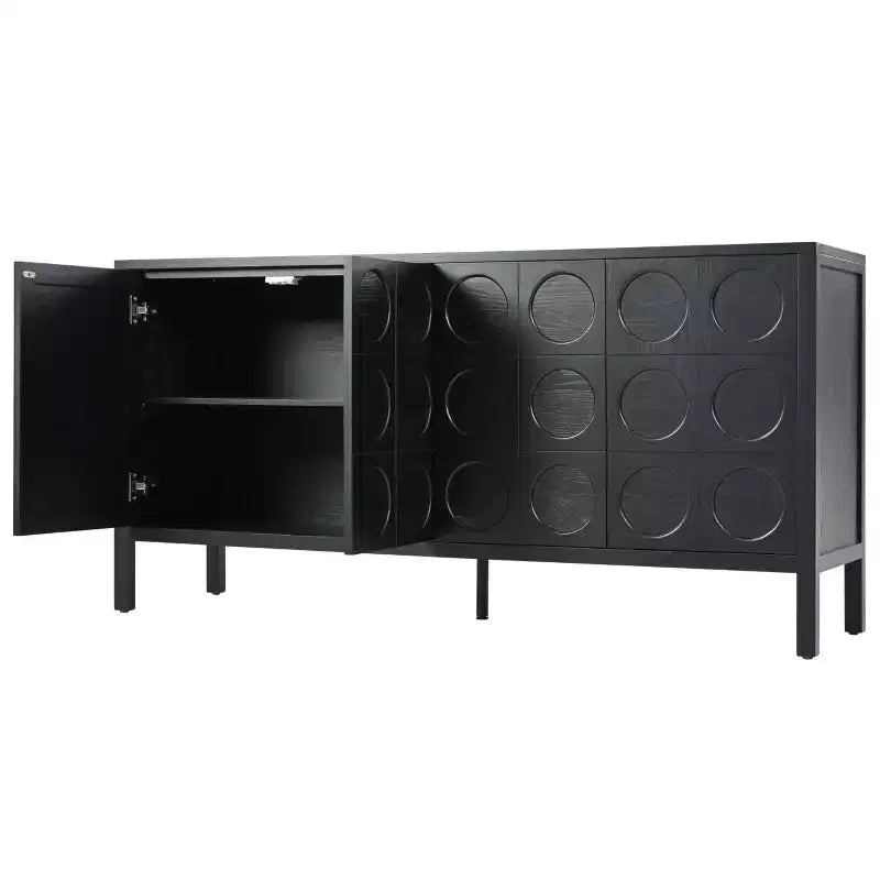 Aparador con Almacenamiento, Mueble de Barra de Café de Madera, Armario de Almacenamiento Consola con 4 Puertas de Diseño Circular Geométrico, Aparador Negro