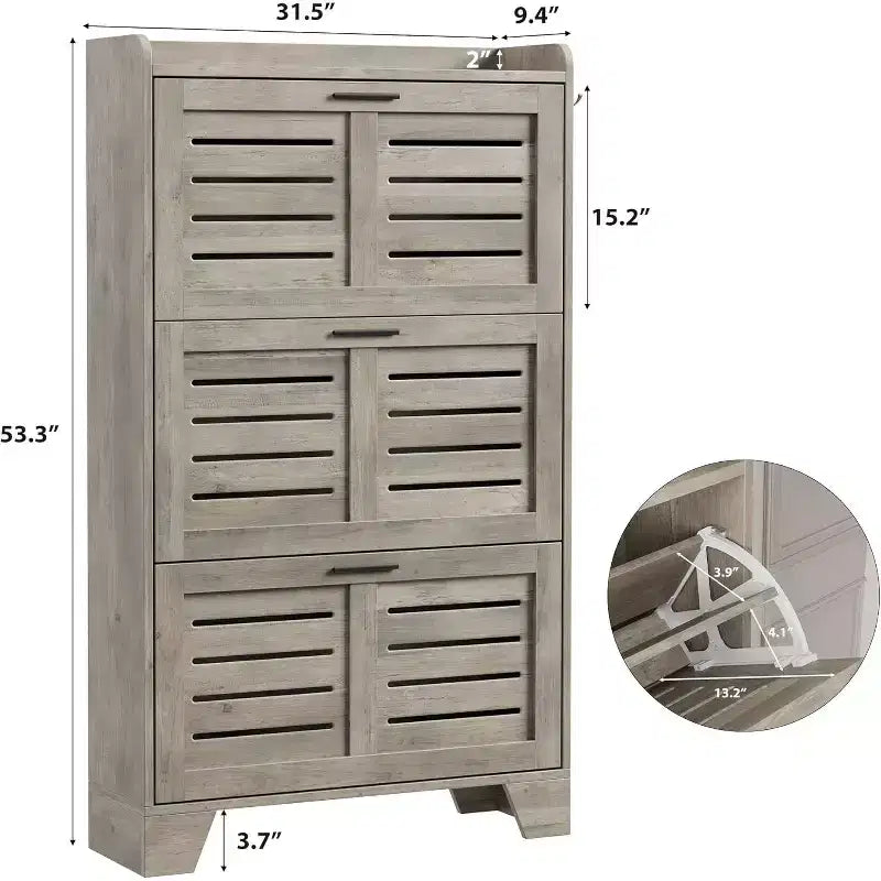 Zapatero con cajones abatibles, estantes ajustables y puertas persiana, organizador de entrada con ganchos