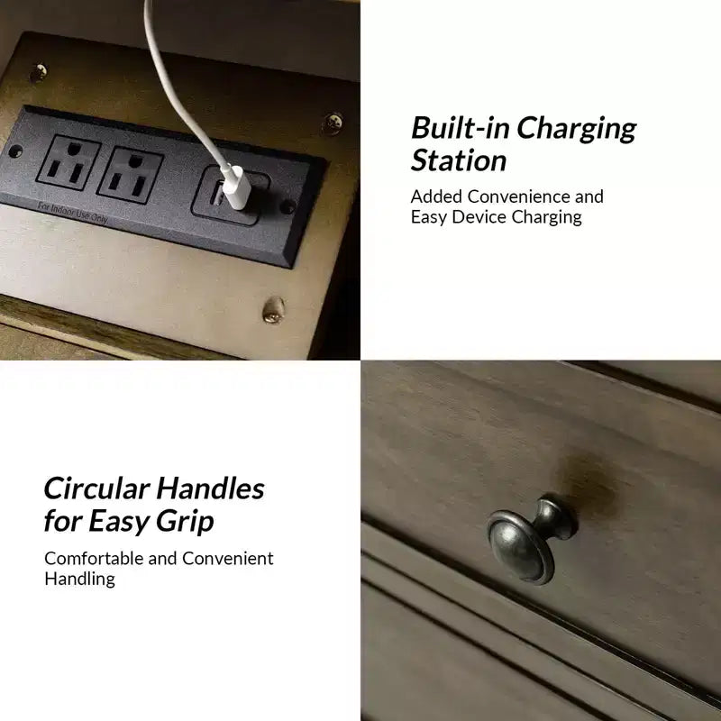 Juego de 2 mesitas de noche de madera maciza con 2 cajones – Mesita de noche de transición vintage con gestión de cables oculta