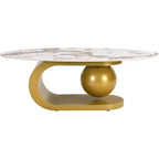 Mid-Century Modern Oval Coffee TableMarble-Pattern Sintered Stone Top, Gold Stainless Steel Base, Center End Table for Living Room