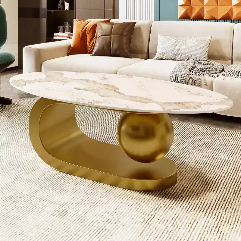 Mesa de centro ovalada de estilo moderno de mediados de sigloTapa de piedra sinterizada con patrón de mármol, base de acero inoxidable dorado, mesa auxiliar para sala de estar