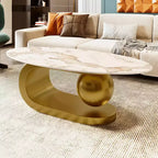 Mesa de centro ovalada de estilo moderno de mediados de sigloTapa de piedra sinterizada con patrón de mármol, base de acero inoxidable dorado, mesa auxiliar para sala de estar