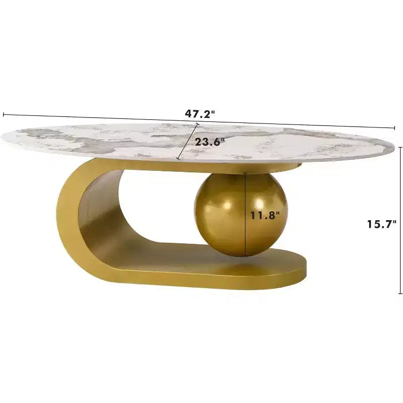 Mesa de centro ovalada de estilo moderno de mediados de sigloTapa de piedra sinterizada con patrón de mármol, base de acero inoxidable dorado, mesa auxiliar para sala de estar