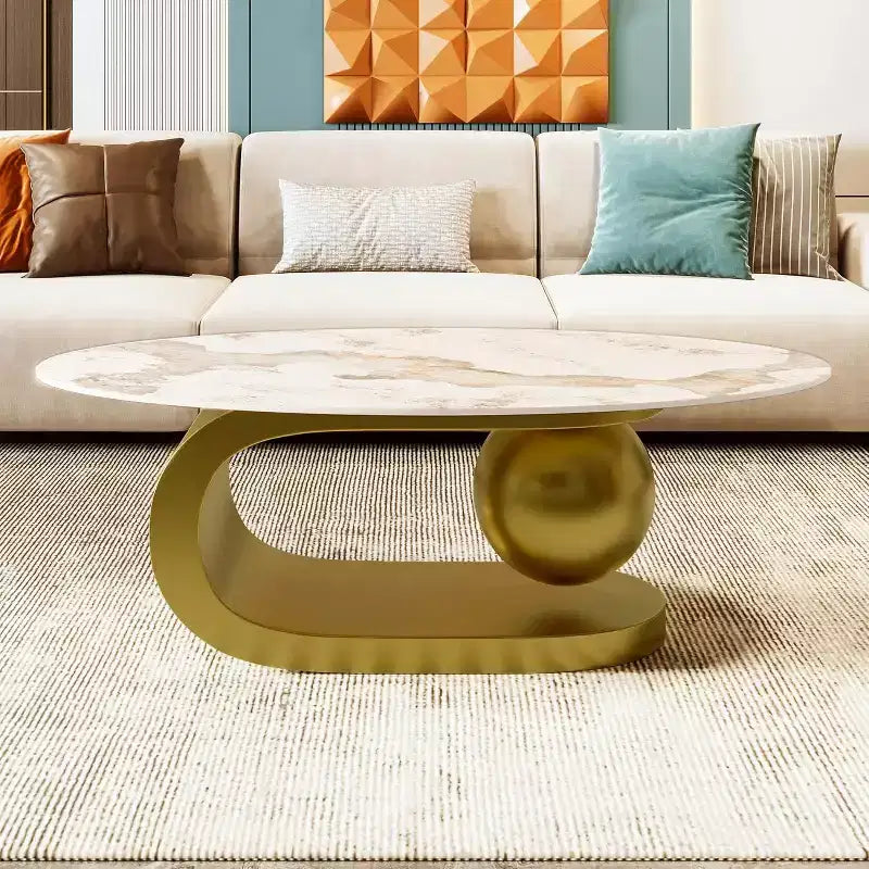 Mesa de centro ovalada de estilo moderno de mediados de sigloTapa de piedra sinterizada con patrón de mármol, base de acero inoxidable dorado, mesa auxiliar para sala de estar