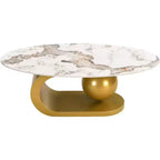 Mesa de centro ovalada de estilo moderno de mediados de sigloTapa de piedra sinterizada con patrón de mármol, base de acero inoxidable dorado, mesa auxiliar para sala de estar