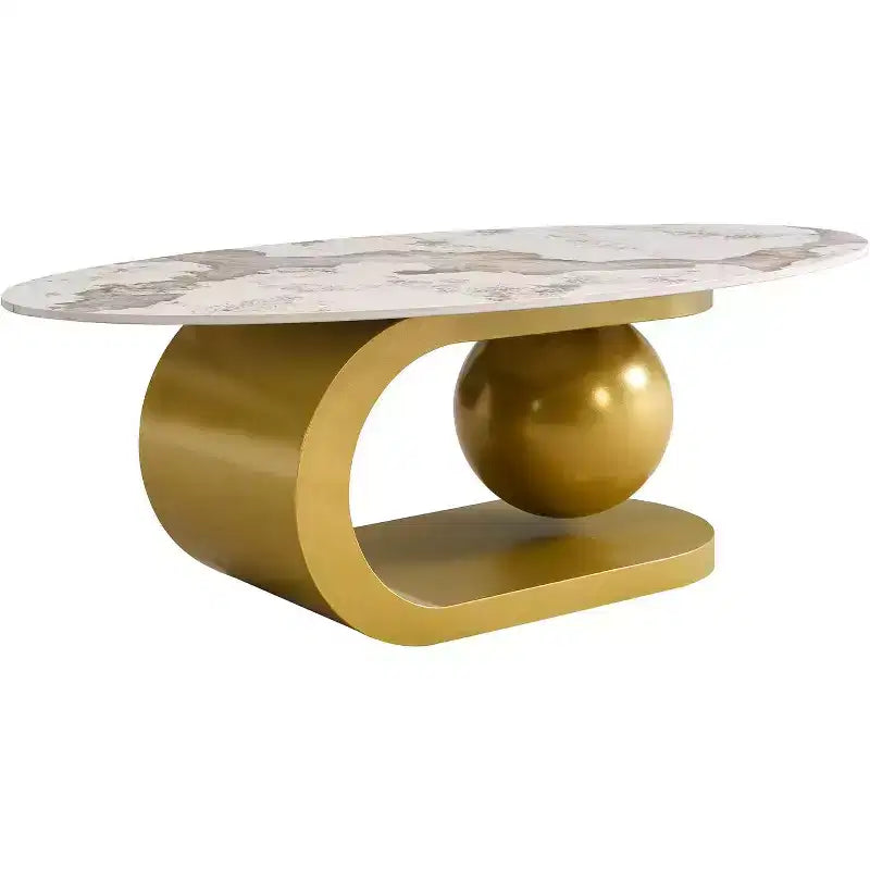 Mesa de centro ovalada de estilo moderno de mediados de sigloTapa de piedra sinterizada con patrón de mármol, base de acero inoxidable dorado, mesa auxiliar para sala de estar