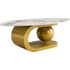 Mesa de centro ovalada de estilo moderno de mediados de sigloTapa de piedra sinterizada con patrón de mármol, base de acero inoxidable dorado, mesa auxiliar para sala de estar