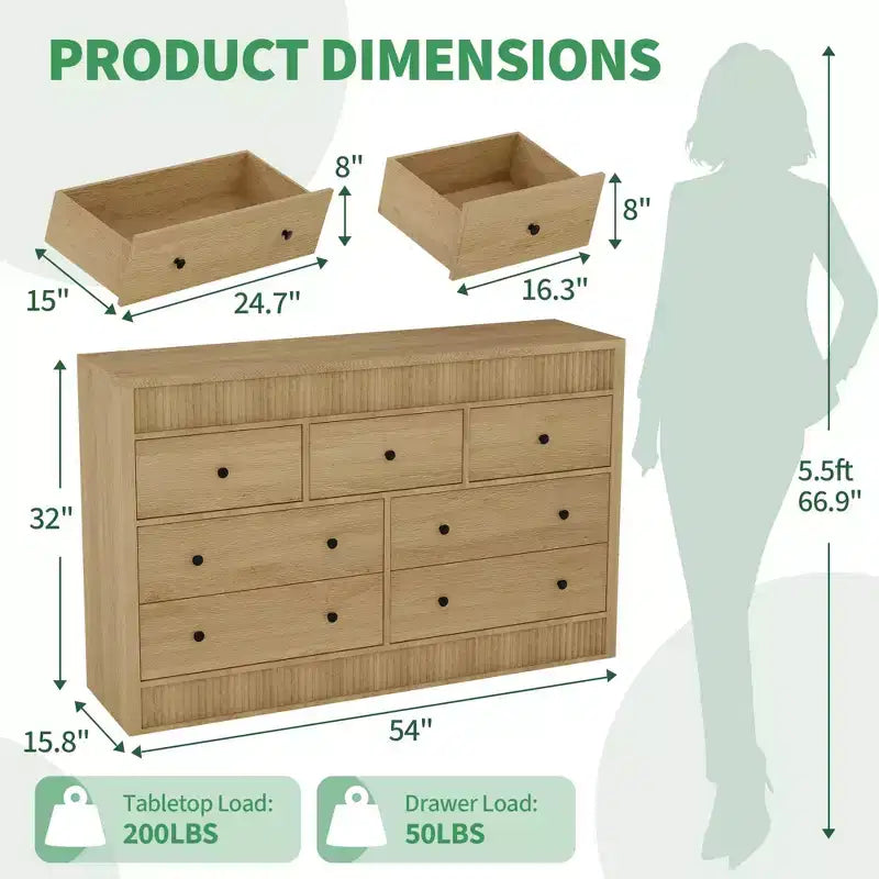Cómoda acanalada de 6 cajones con acabado en roble – Cajonera de madera para dormitorio, sala de estar y recibidor