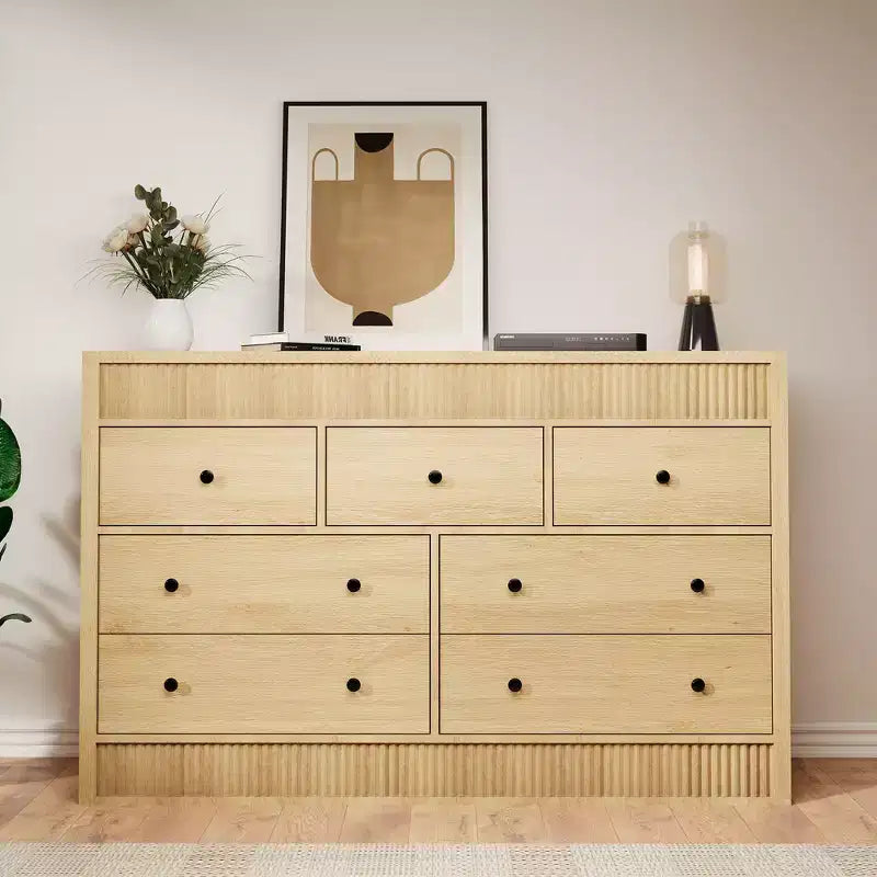 Cómoda acanalada de 6 cajones con acabado en roble – Cajonera de madera para dormitorio, sala de estar y recibidor