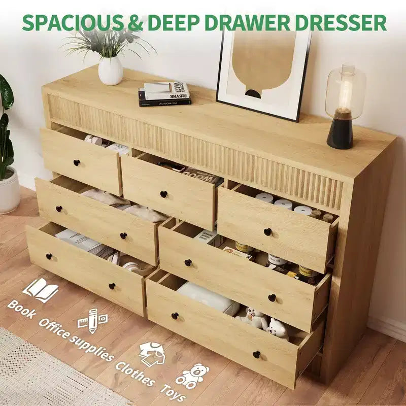 Cómoda acanalada de 6 cajones con acabado en roble – Cajonera de madera para dormitorio, sala de estar y recibidor