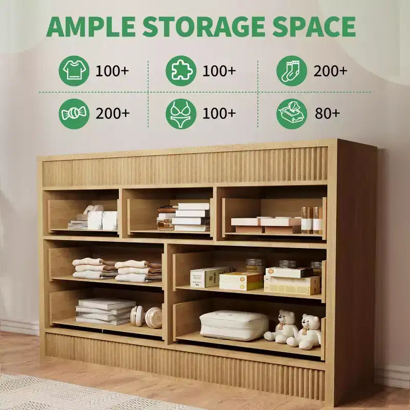 Cómoda acanalada de 6 cajones con acabado en roble – Cajonera de madera para dormitorio, sala de estar y recibidor