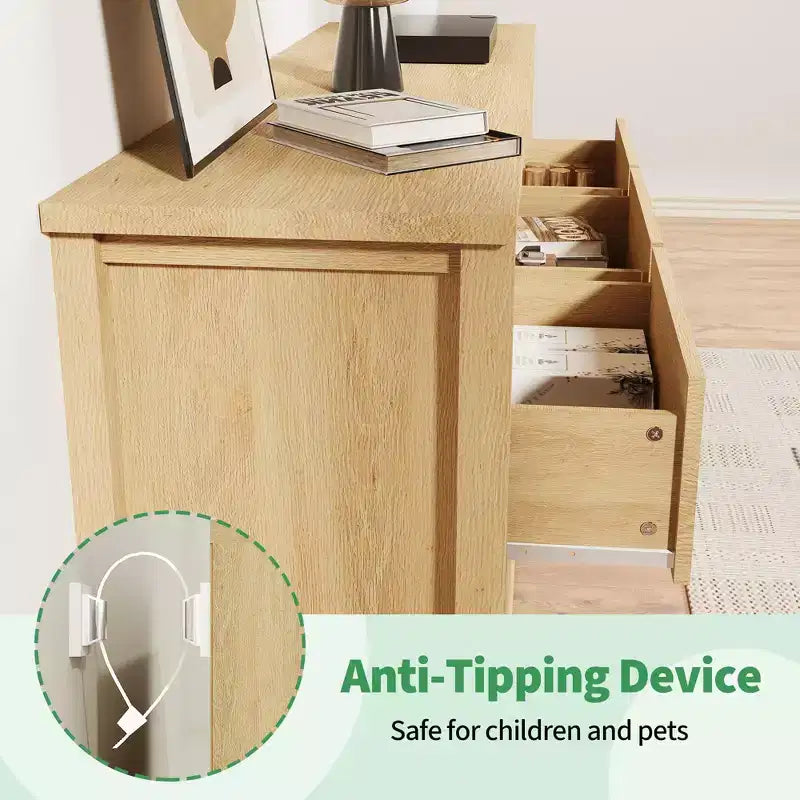 Cómoda acanalada de 6 cajones con acabado en roble – Cajonera de madera para dormitorio, sala de estar y recibidor