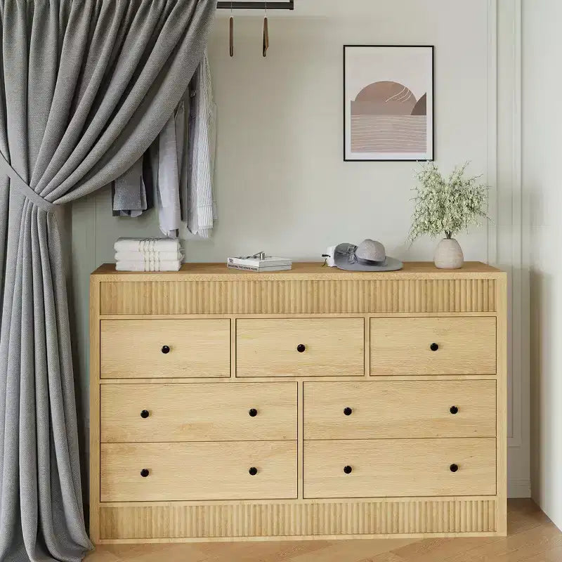 Cómoda acanalada de 6 cajones con acabado en roble – Cajonera de madera para dormitorio, sala de estar y recibidor