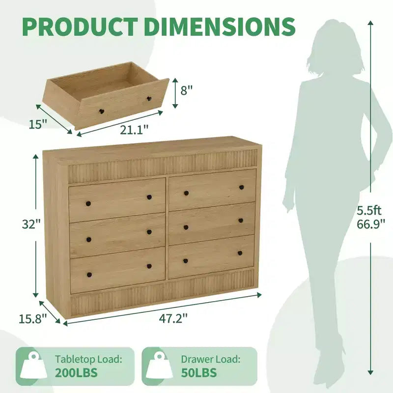 Cómoda acanalada de 6 cajones con acabado en roble – Cajonera de madera para dormitorio, sala de estar y recibidor