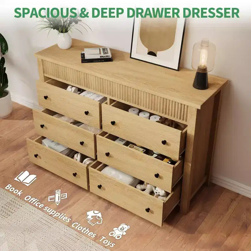 Cómoda acanalada de 6 cajones con acabado en roble – Cajonera de madera para dormitorio, sala de estar y recibidor