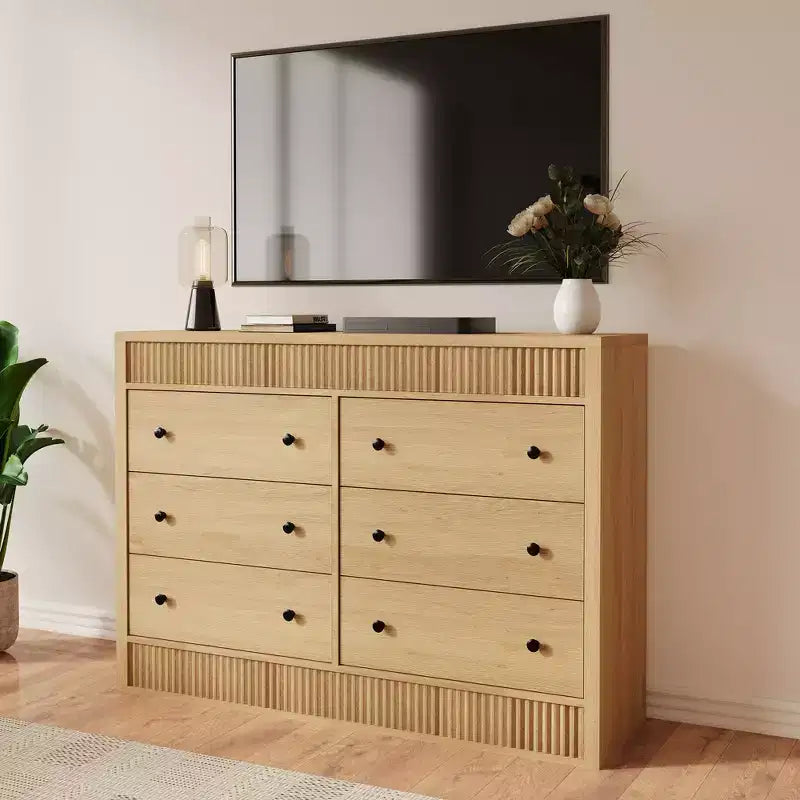 Cómoda acanalada de 6 cajones con acabado en roble – Cajonera de madera para dormitorio, sala de estar y recibidor