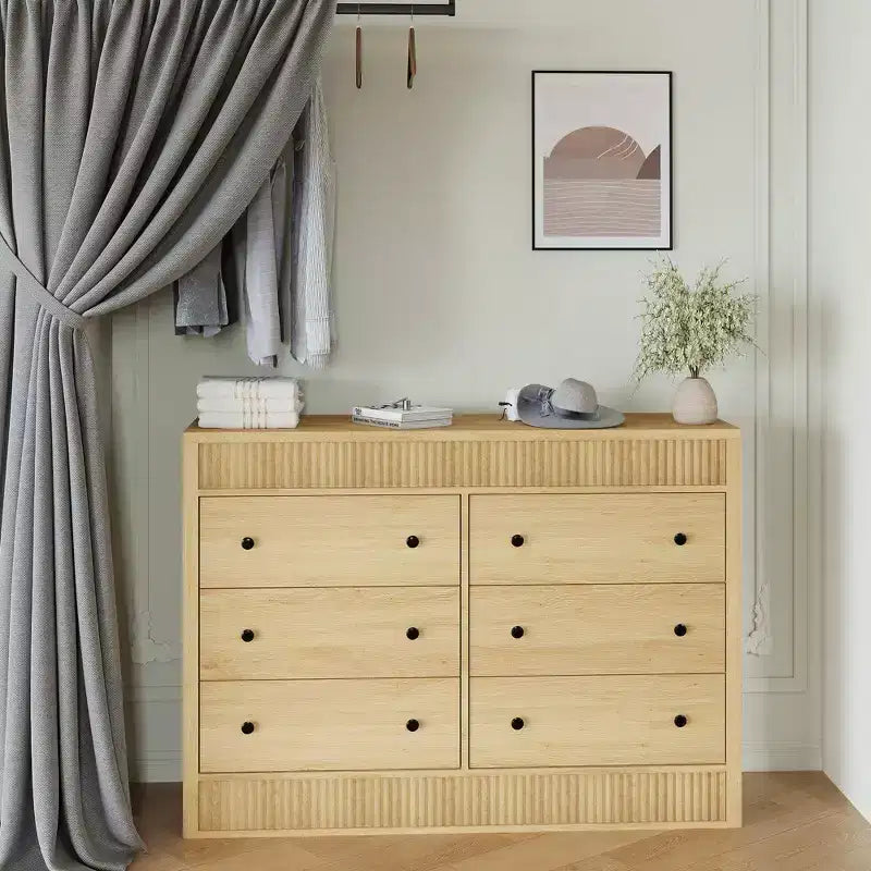 Cómoda acanalada de 6 cajones con acabado en roble – Cajonera de madera para dormitorio, sala de estar y recibidor