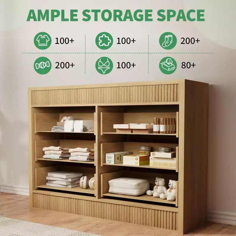 Cómoda acanalada de 6 cajones con acabado en roble – Cajonera de madera para dormitorio, sala de estar y recibidor