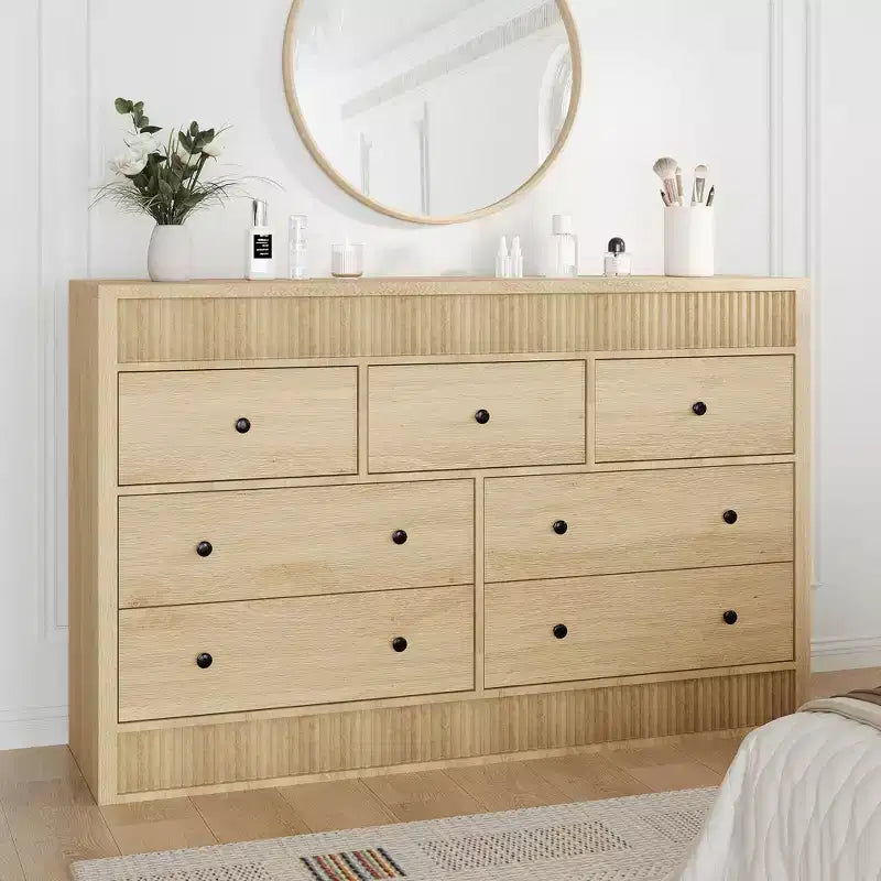 Cómoda acanalada de 6 cajones con acabado en roble – Cajonera de madera para dormitorio, sala de estar y recibidor