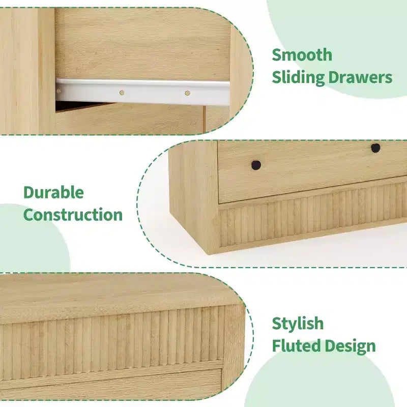 Cómoda acanalada de 6 cajones con acabado en roble – Cajonera de madera para dormitorio, sala de estar y recibidor