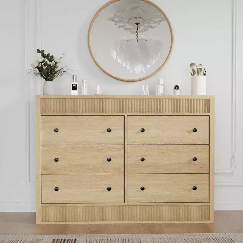 Cómoda acanalada de 6 cajones con acabado en roble – Cajonera de madera para dormitorio, sala de estar y recibidor