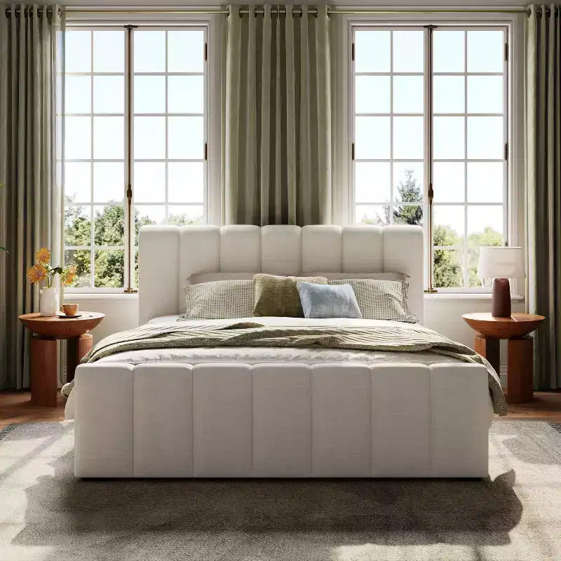 Christopher Knight Home Emi Modern Linen Upholstered Bed Frame With Thick Headboard and Rubberwood Legs