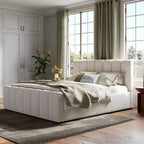 Estructura de cama de plataforma moderna tapizada en lino – Cabecero grueso acolchado, patas de madera de caucho, sin necesidad de somier