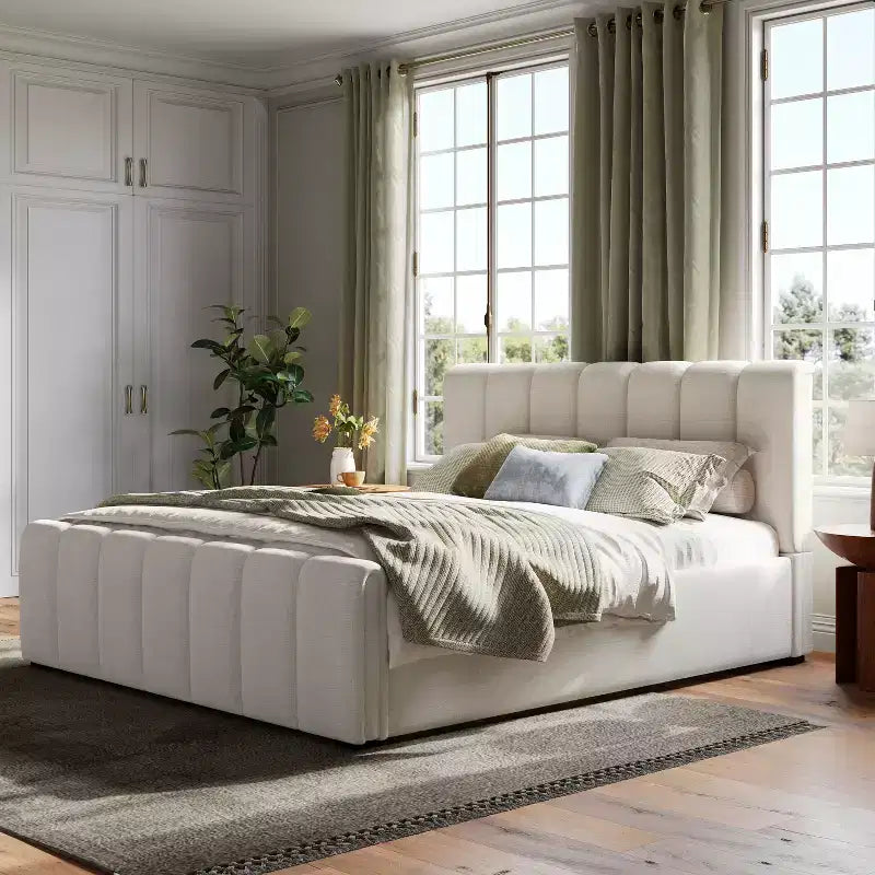 Estructura de cama de plataforma moderna tapizada en lino – Cabecero grueso acolchado, patas de madera de caucho, sin necesidad de somier