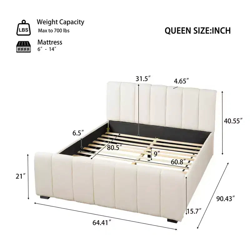 Estructura de cama de plataforma moderna tapizada en lino – Cabecero grueso acolchado, patas de madera de caucho, sin necesidad de somier