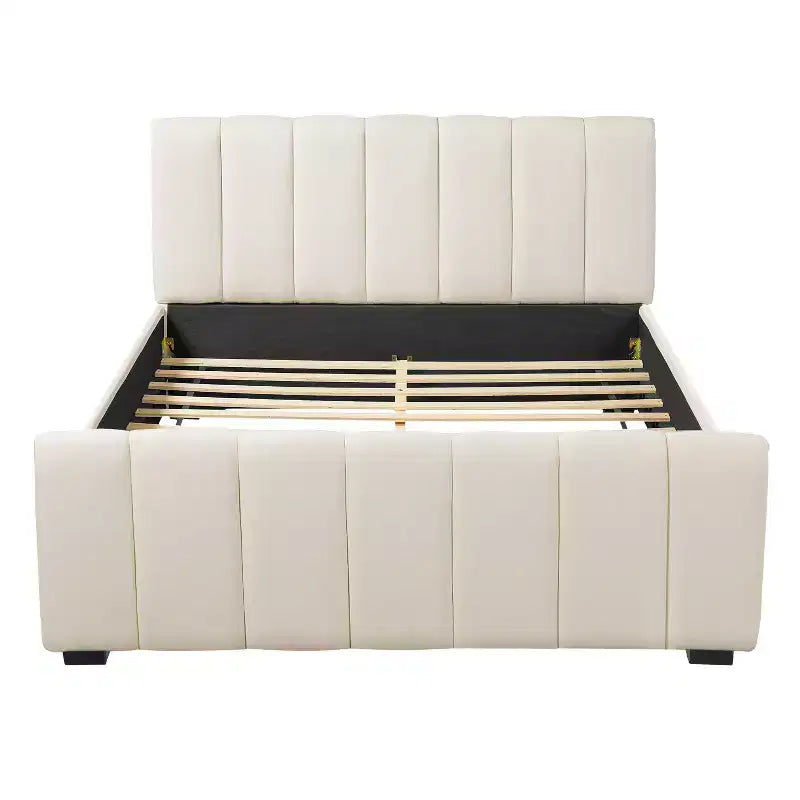 Estructura de cama de plataforma moderna tapizada en lino – Cabecero grueso acolchado, patas de madera de caucho, sin necesidad de somier