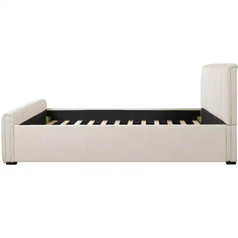 Estructura de cama de plataforma moderna tapizada en lino – Cabecero grueso acolchado, patas de madera de caucho, sin necesidad de somier