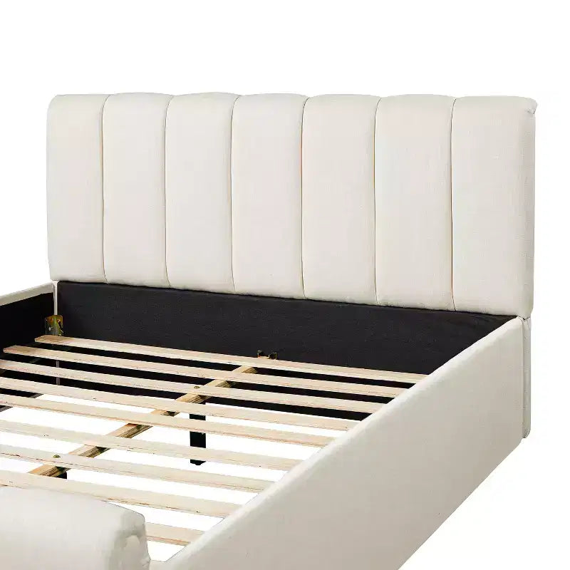 Estructura de cama de plataforma moderna tapizada en lino – Cabecero grueso acolchado, patas de madera de caucho, sin necesidad de somier