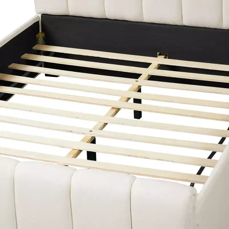 Estructura de cama de plataforma moderna tapizada en lino – Cabecero grueso acolchado, patas de madera de caucho, sin necesidad de somier