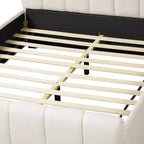 Estructura de cama de plataforma moderna tapizada en lino – Cabecero grueso acolchado, patas de madera de caucho, sin necesidad de somier