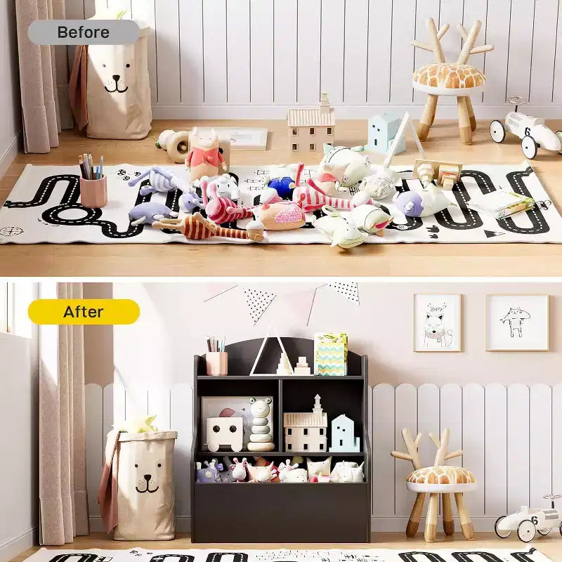 Mueble de Almacenamiento de Juguetes y Librería de 3 Niveles con Cubículos, Organizador Multi-Estantes para Sala de Juegos Dormitorio Pasillo Guardería, Marrón Oscuro
