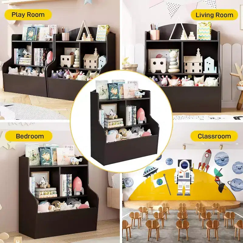 Mueble de Almacenamiento de Juguetes y Librería de 3 Niveles con Cubículos, Organizador Multi-Estantes para Sala de Juegos Dormitorio Pasillo Guardería, Marrón Oscuro