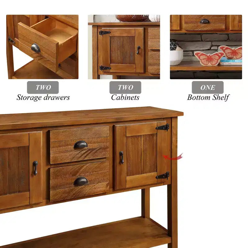 Aparador/Consola de madera maciza de pino de 48", 2 cajones, 2 armarios, estante inferior, bufet para cocina y comedor