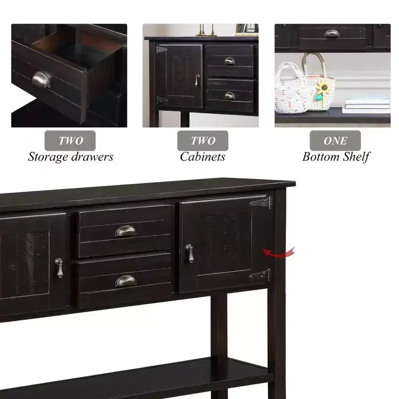 Aparador/Consola de madera maciza de pino de 48", 2 cajones, 2 armarios, estante inferior, bufet para cocina y comedor