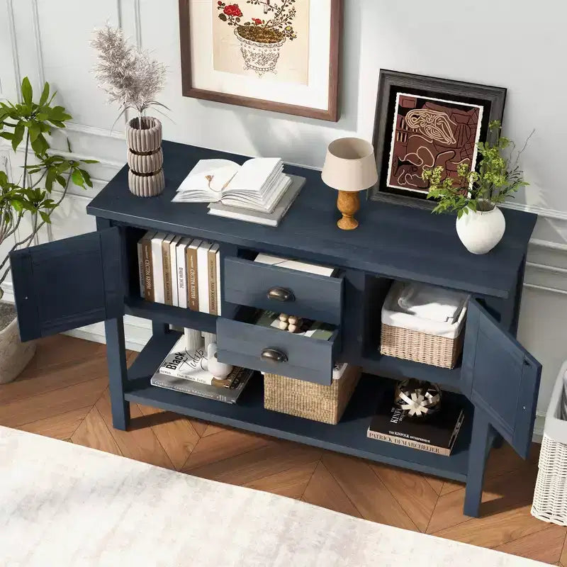 Aparador/Consola de madera maciza de pino de 48", 2 cajones, 2 armarios, estante inferior, bufet para cocina y comedor