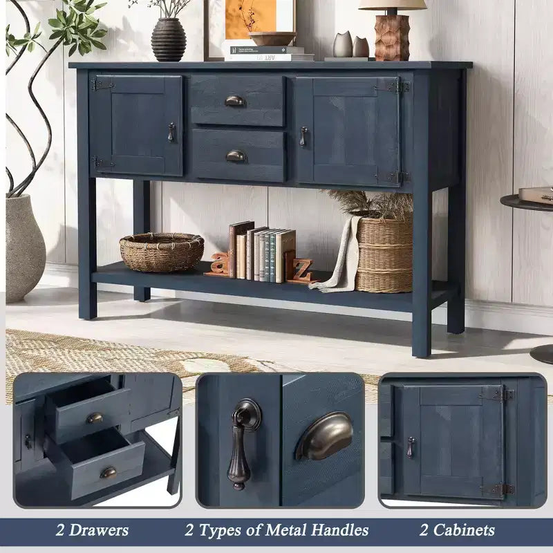 Aparador/Consola de madera maciza de pino de 48", 2 cajones, 2 armarios, estante inferior, bufet para cocina y comedor