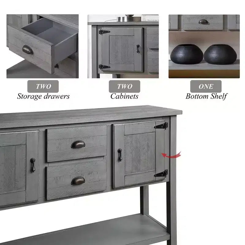 Aparador/Consola de madera maciza de pino de 48", 2 cajones, 2 armarios, estante inferior, bufet para cocina y comedor