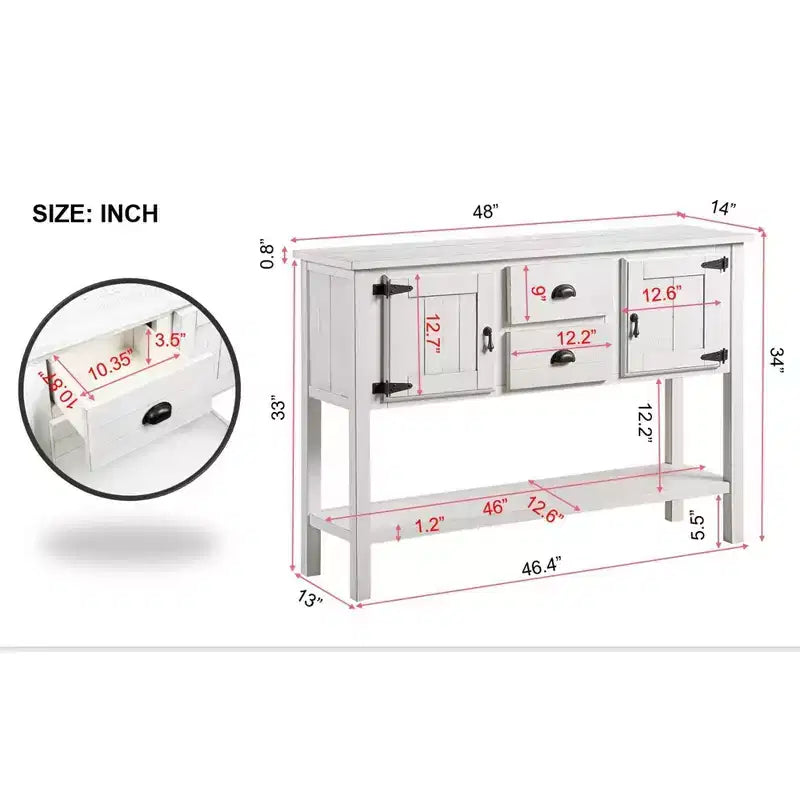 Aparador/Consola de madera maciza de pino de 48", 2 cajones, 2 armarios, estante inferior, bufet para cocina y comedor