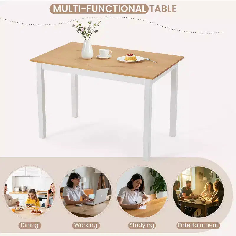 Mesa de comedor de madera de pino macizo – 4 plazas, sin nudos, impermeable y resistente a los arañazos, natural y blanco