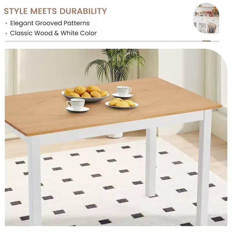 Mesa de comedor de madera de pino macizo – 4 plazas, sin nudos, impermeable y resistente a los arañazos, natural y blanco