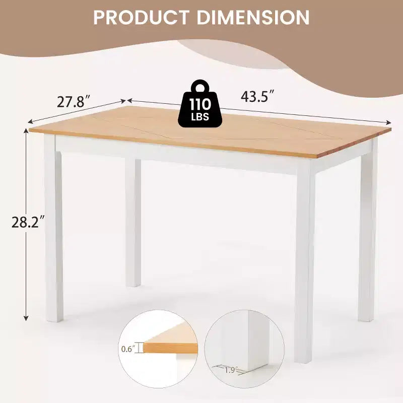 Mesa de comedor de madera de pino macizo – 4 plazas, sin nudos, impermeable y resistente a los arañazos, natural y blanco