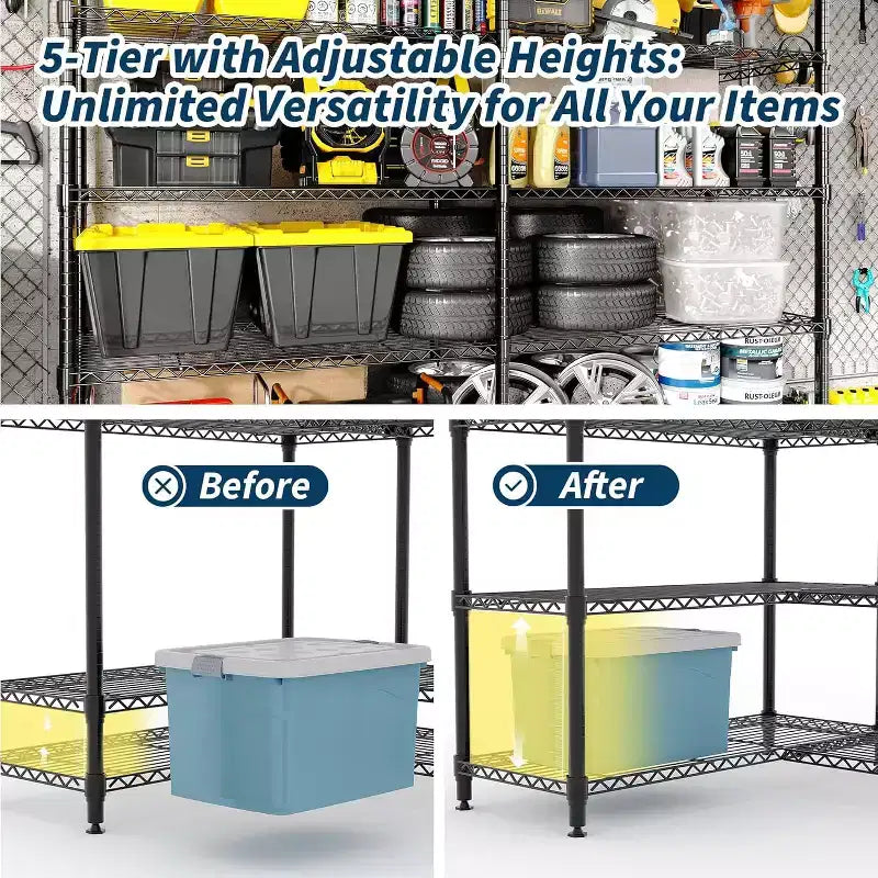 Estantería Metálica de Almacenamiento de 5 Niveles para Trabajo Pesado, Unidad de Estanterías Ajustables para Despensa de Cocina, Garaje y Uso Comercial, Organizador Ancho Independiente