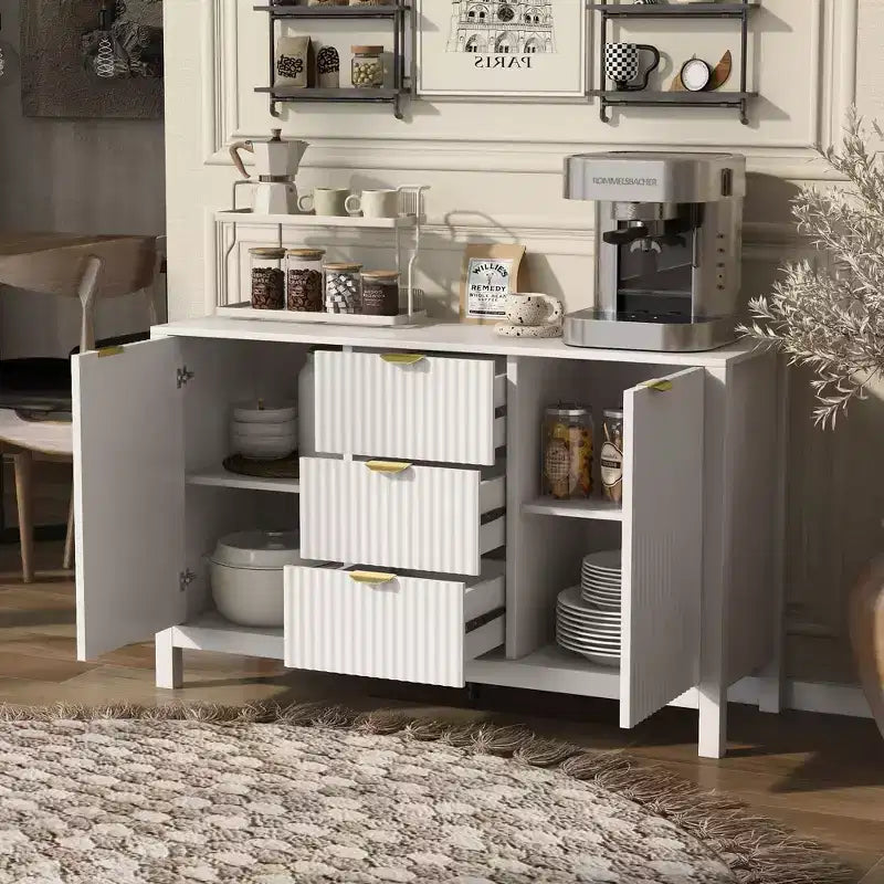 Aparador Wave Design, Mesa Consola con 3 Cajones, Puertas de Cierre Suave, Estantes Ajustables, Tiradores Metálicos