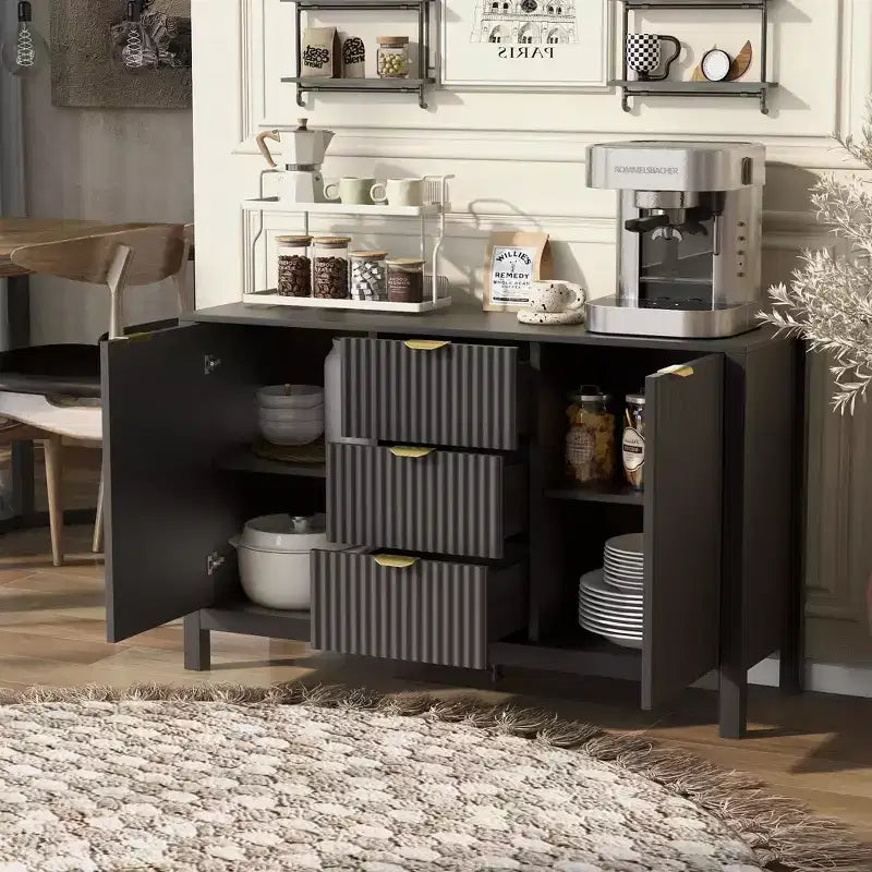 Aparador Wave Design, Mesa Consola con 3 Cajones, Puertas de Cierre Suave, Estantes Ajustables, Tiradores Metálicos