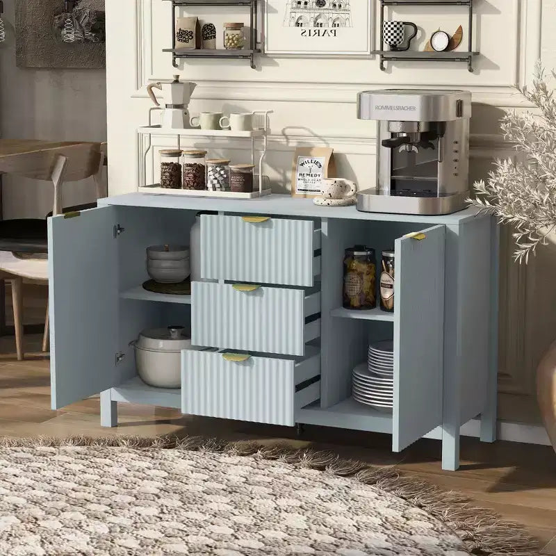 Aparador Wave Design, Mesa Consola con 3 Cajones, Puertas de Cierre Suave, Estantes Ajustables, Tiradores Metálicos